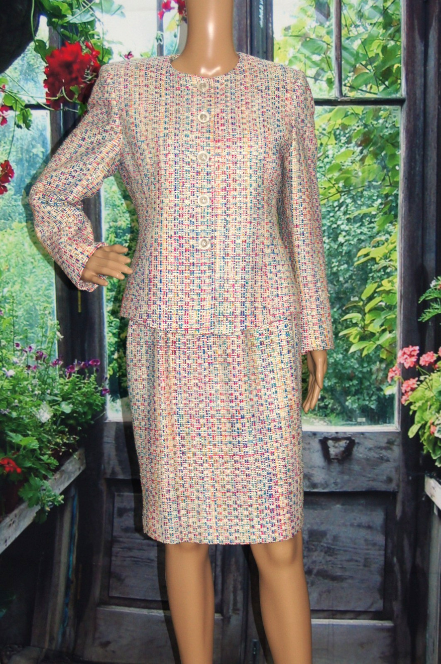 Vintage Herbert Grossman Silk Multicolor Tweed Skirt Suit Set size 6